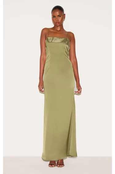 Sage Green Satin Draped Frill Back Detail Maxi Dress