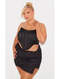 Plus Black Sequin Feather Asymmetric Mini Skirt - 3