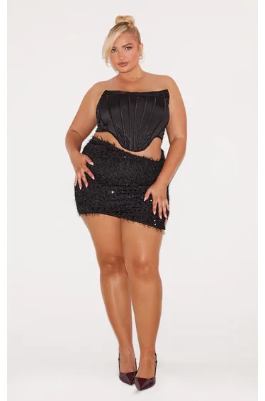 Plus Black Sequin Feather Asymmetric Mini Skirt