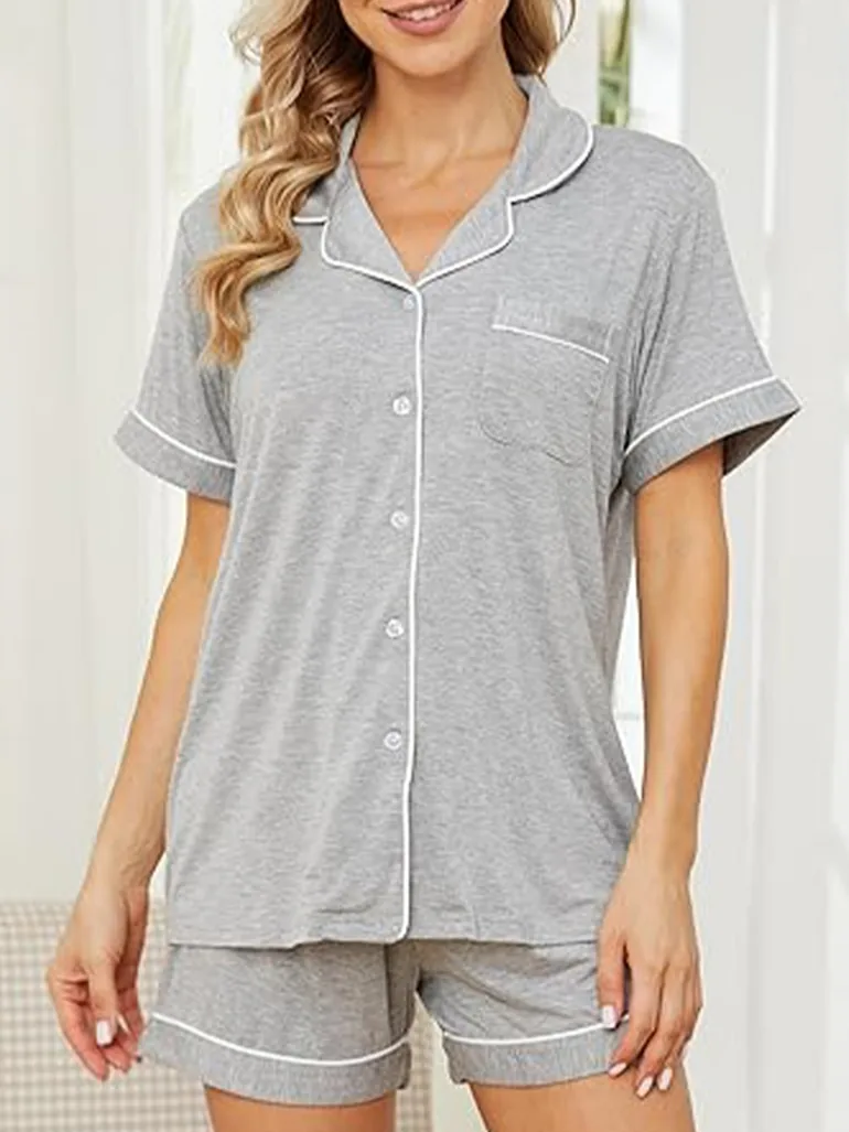 Grey Solid Piping Detail Shirt and Shorts Set - 1