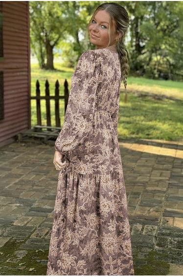 Lvness Brown Floral Print Smocked High Waist Long Sleeve Maxi Dress product thumbnail 3