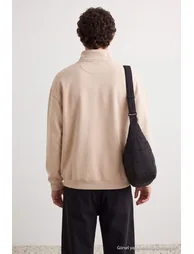 Beige Oversize/Relaxed Fit Embroidered Zipper Collar Sweatshirt - 3
