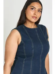 Plus Sleeveless Seam Detail Denim Mini Dress - dark indigo - 3