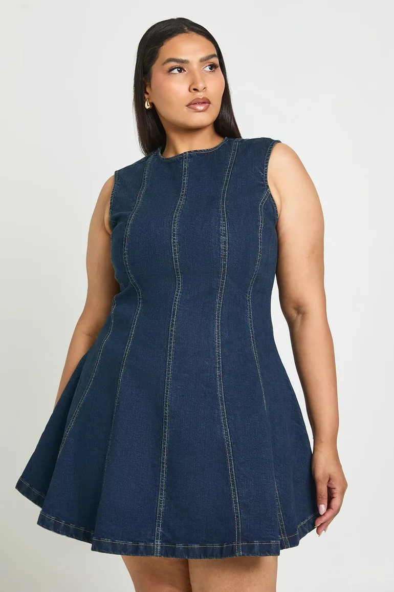 Plus Sleeveless Seam Detail Denim Mini Dress - dark indigo - 1