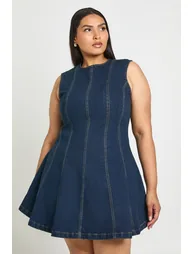 Plus Sleeveless Seam Detail Denim Mini Dress - dark indigo - 1