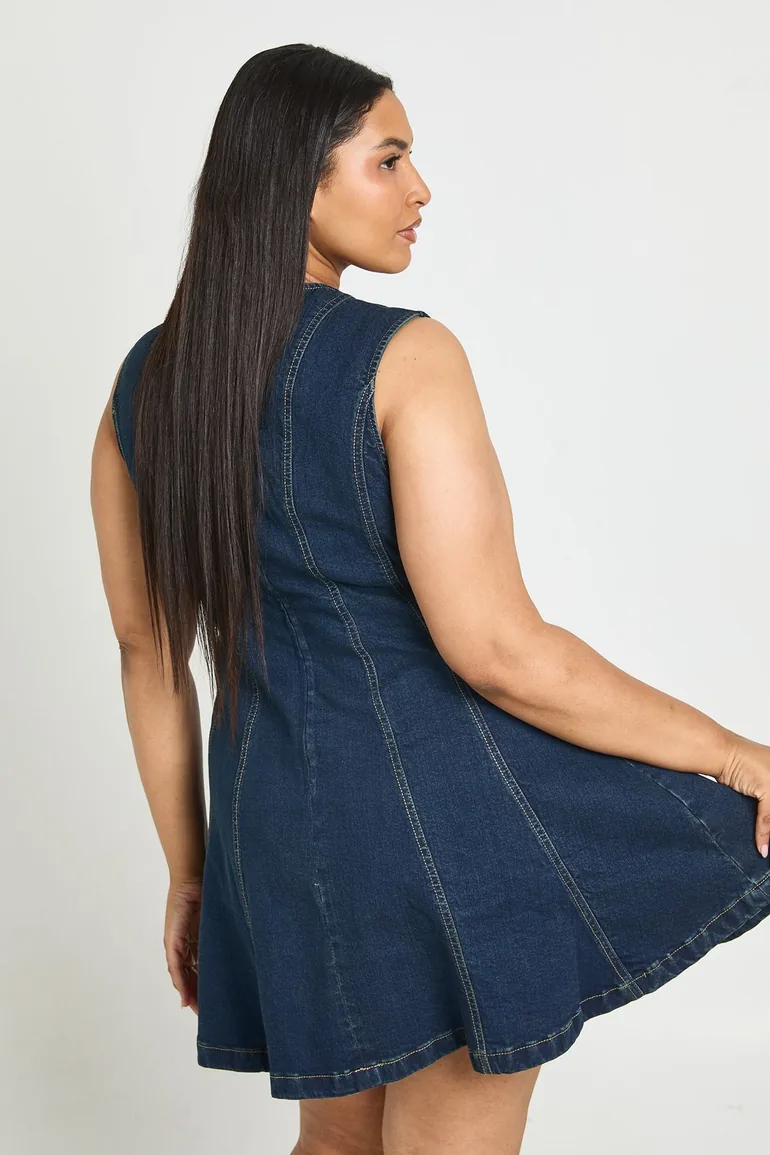 Plus Sleeveless Seam Detail Denim Mini Dress - dark indigo - 2