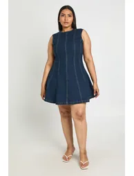 Plus Sleeveless Seam Detail Denim Mini Dress - dark indigo