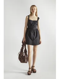 Black Button Front Pleated Mini-Dress