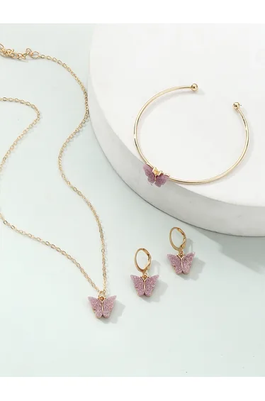 Girls Purple Sequin Butterfly Charm Necklace, Bracelet and Earrings Set