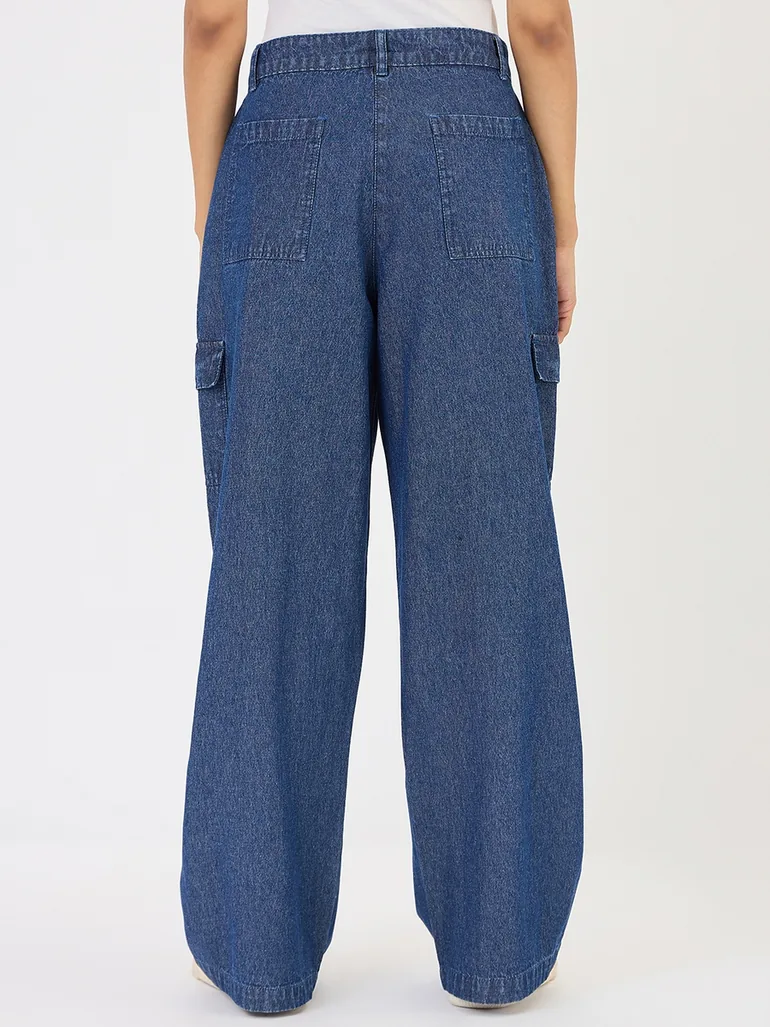 Navy Denim Wide Leg Cargo Trousers - 1