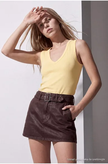 Light Yellow Plain V-Neck Cotton Ribbed Fitted/Sleeveless Knitted Undershirt