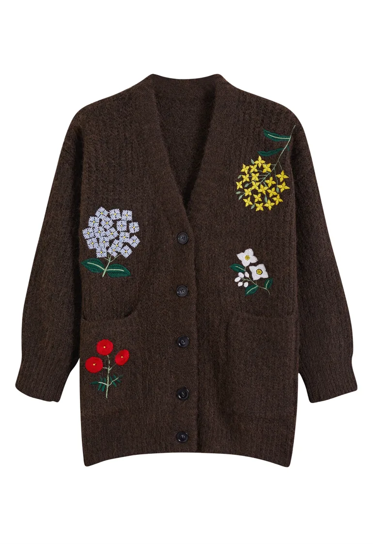 Blossom Embroidered Button-Up Knit Cardigan in Brown for Outdoor Gatherings & Shopping Trips - 2