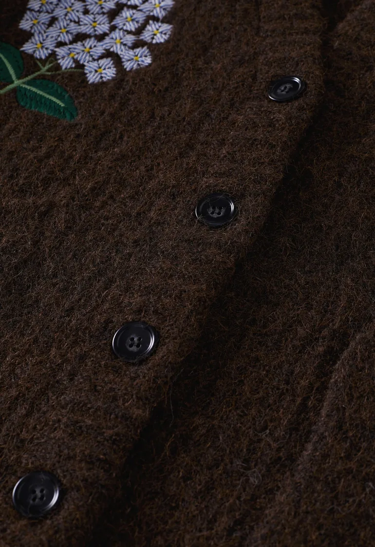 Blossom Embroidered Button-Up Knit Cardigan in Brown for Outdoor Gatherings & Shopping Trips - 4