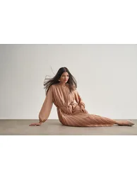 Mizalle Satin Textured Thin Pleated Maxi Dress - 1