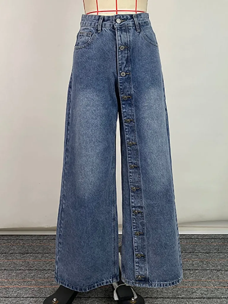 High Waisted Loose Buttoned Pockets Jean Pants Bottoms - 3