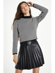 Glamorous Black White Stripe Skinny Fit Rib Knit long Sleeve Top