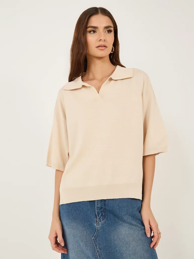 Solid Polo Neck Knit Regular Fit Top