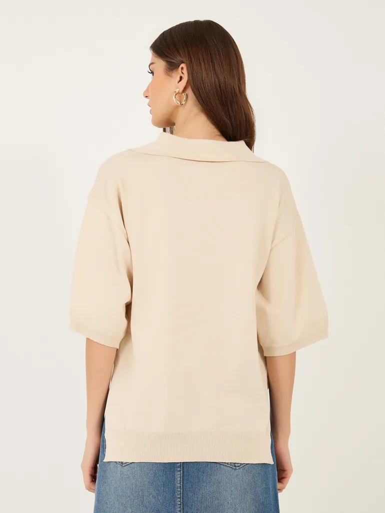 Solid Polo Neck Knit Regular Fit Top - 3