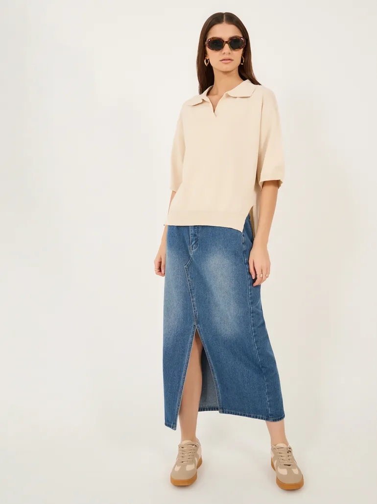 Solid Polo Neck Knit Regular Fit Top - 1