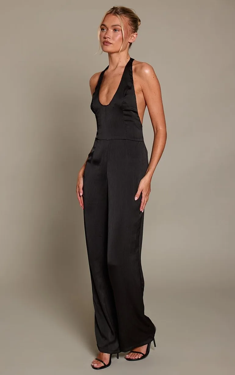 Black Crinkle Satin Scoop Cut Out Back Jumpsuit - 2