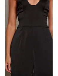 Black Crinkle Satin Scoop Cut Out Back Jumpsuit - 3