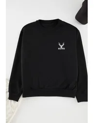 Black Oversize/Wide Cut Long Sleeve Animal Embroidered Sweatshirt - 1