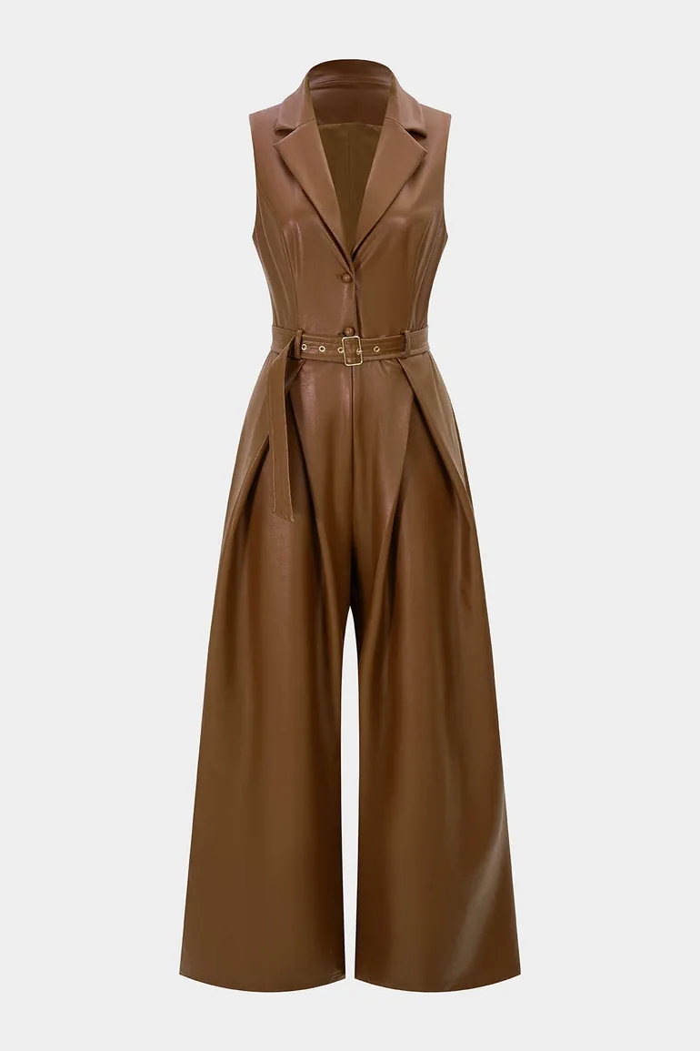 Faux Leather Belted Tank Sleeveless Jumpsuit