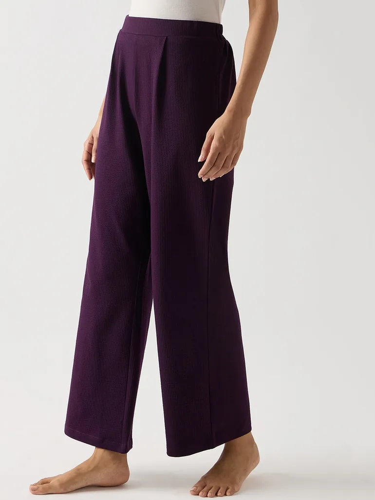 Purple Cotton Knit Straight Pants - 5