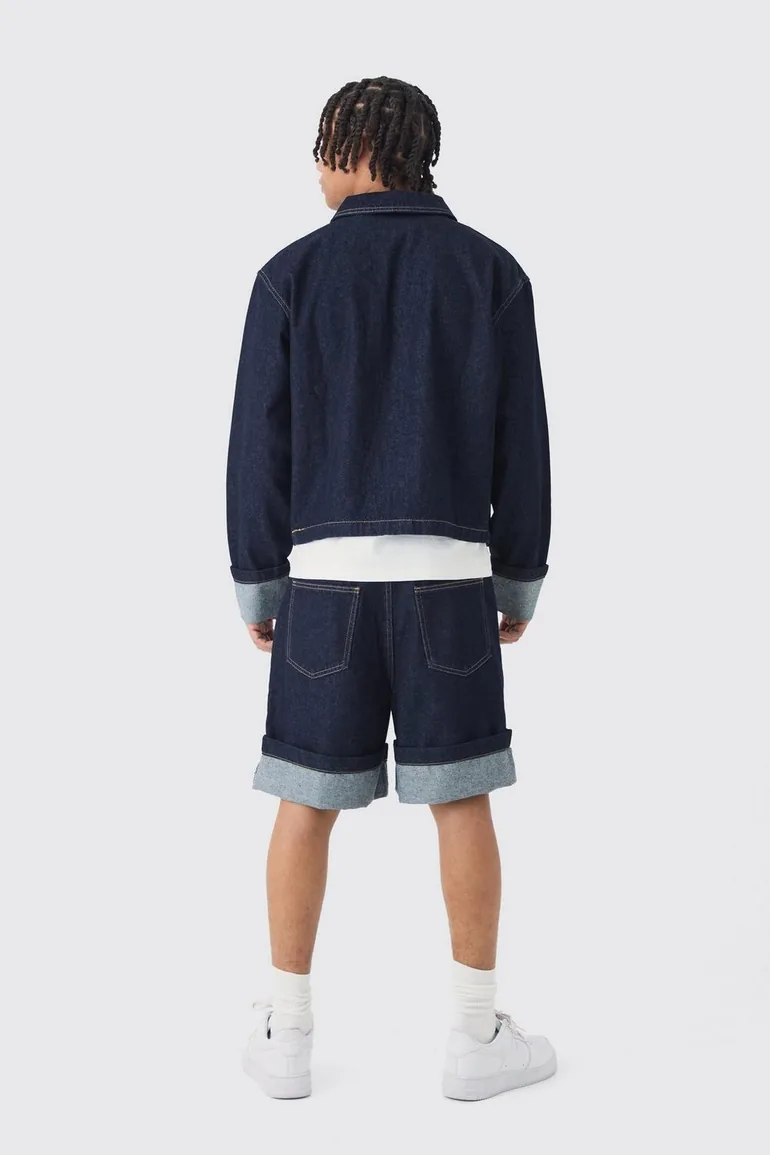 Boxy Fit Turn Up Denim Jacket In Indigo - indigo - 1