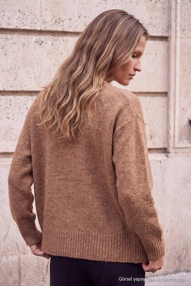 Wardrobe Essentials Camel Soft Textured Basic Wide Fit Special Quality Knitwear Cardigan - 4