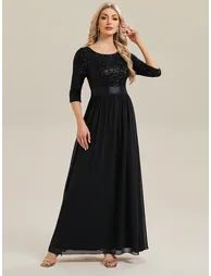 3/4 Sleeve Sequin Patchwork A-Line Floor-Length Evening Dress