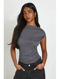 Sheer Draped Neck Sleeveless Top - charcoal