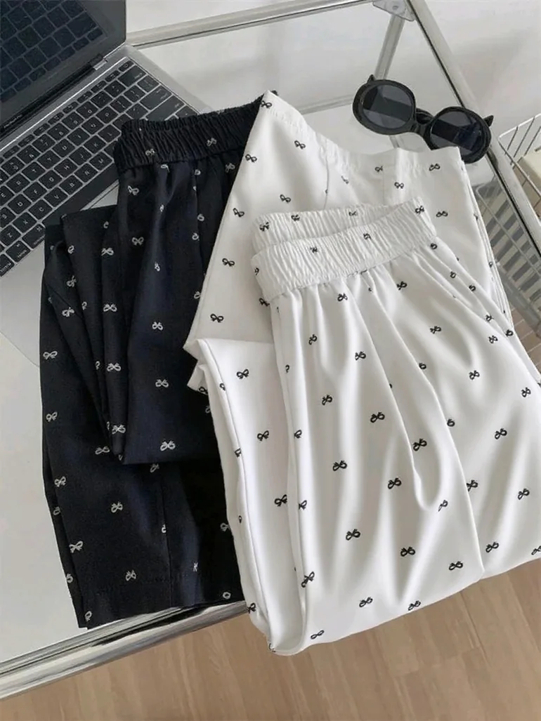 Bow Print Drawstring Waist Wide Leg Pants - 2