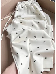 Bow Print Drawstring Waist Wide Leg Pants - 5