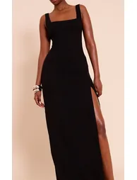 Black Woven Scoop Neck Midaxi Dress - 3