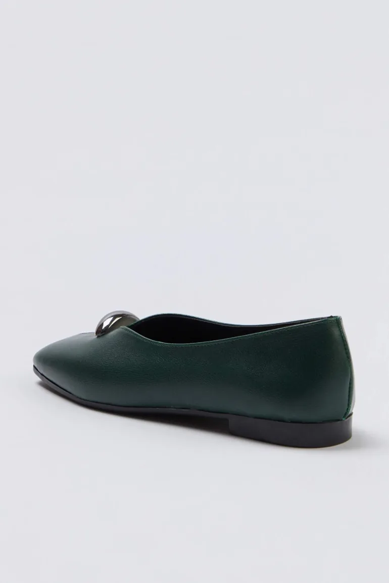 Green Accessory Detail Square Toe Women Ballet Flats - 4