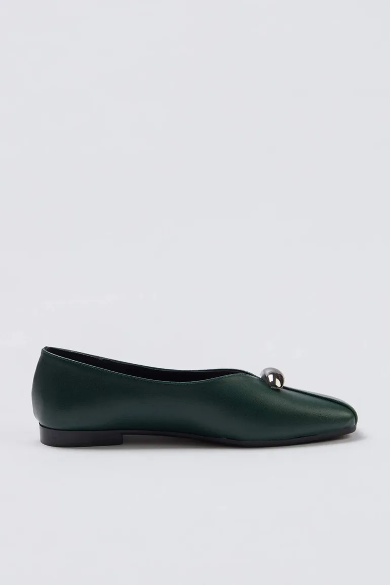 Green Accessory Detail Square Toe Women Ballet Flats - 3