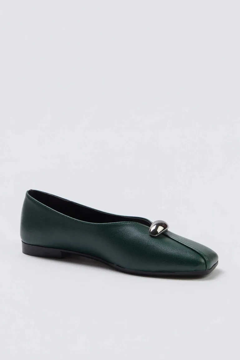 Green Accessory Detail Square Toe Women Ballet Flats