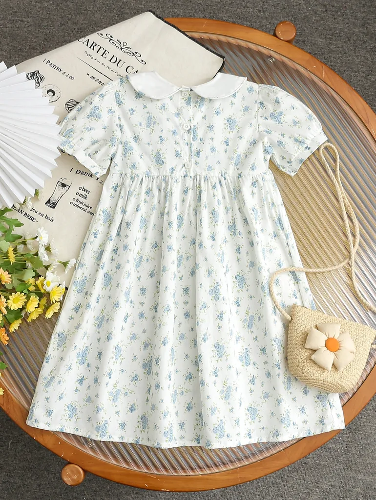 Girls Floral Print Smocked A-Line Dress - 4