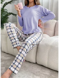 Purple Solid T-Shirt and Checked Pyjama Set - 1