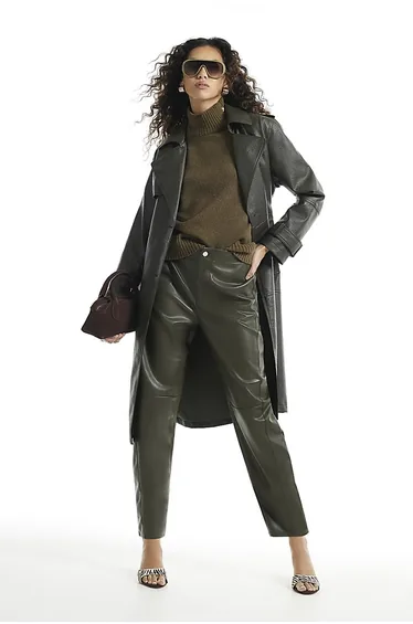 Khaki Faux Leather Barrel Leg Trousers