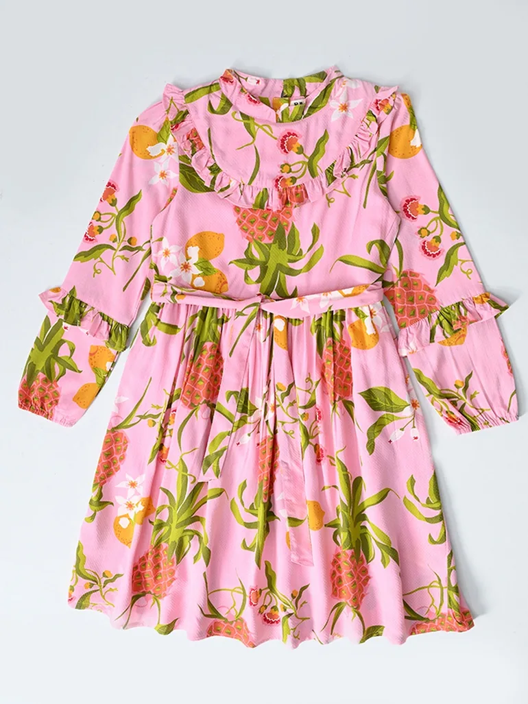 Pineapple Print Mandarin Collar Cotton Dress with Ruffle Trim - 1