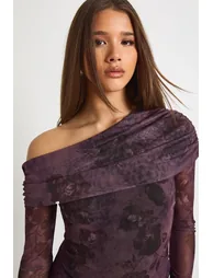 Floral Mesh Asymmetric Long Sleeve Top - floral - 3