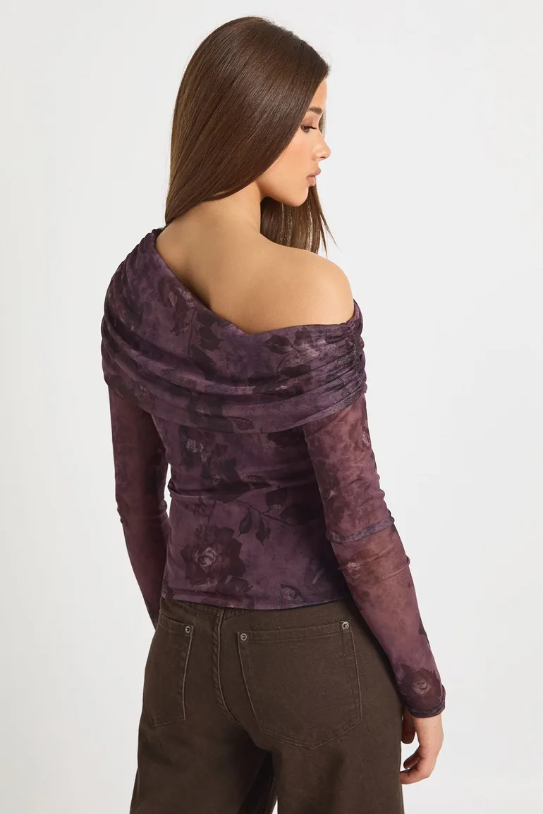 Floral Mesh Asymmetric Long Sleeve Top - floral - 1