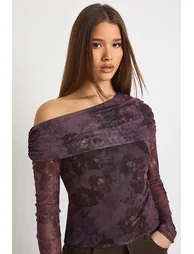 Floral Mesh Asymmetric Long Sleeve Top - floral - 2