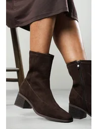 Fioren Dark Brown Faux Suede Square Low Block Heel Stretch Ankle Sock Boot - 1