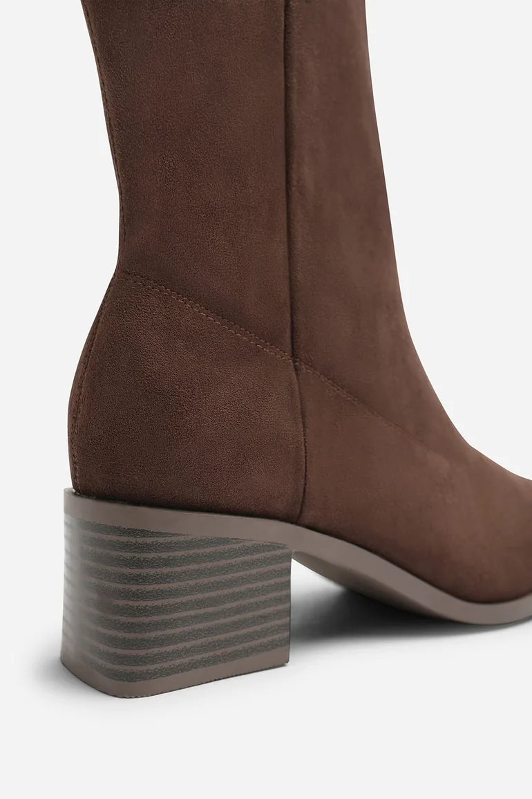 Fioren Dark Brown Faux Suede Square Low Block Heel Stretch Ankle Sock Boot - 6