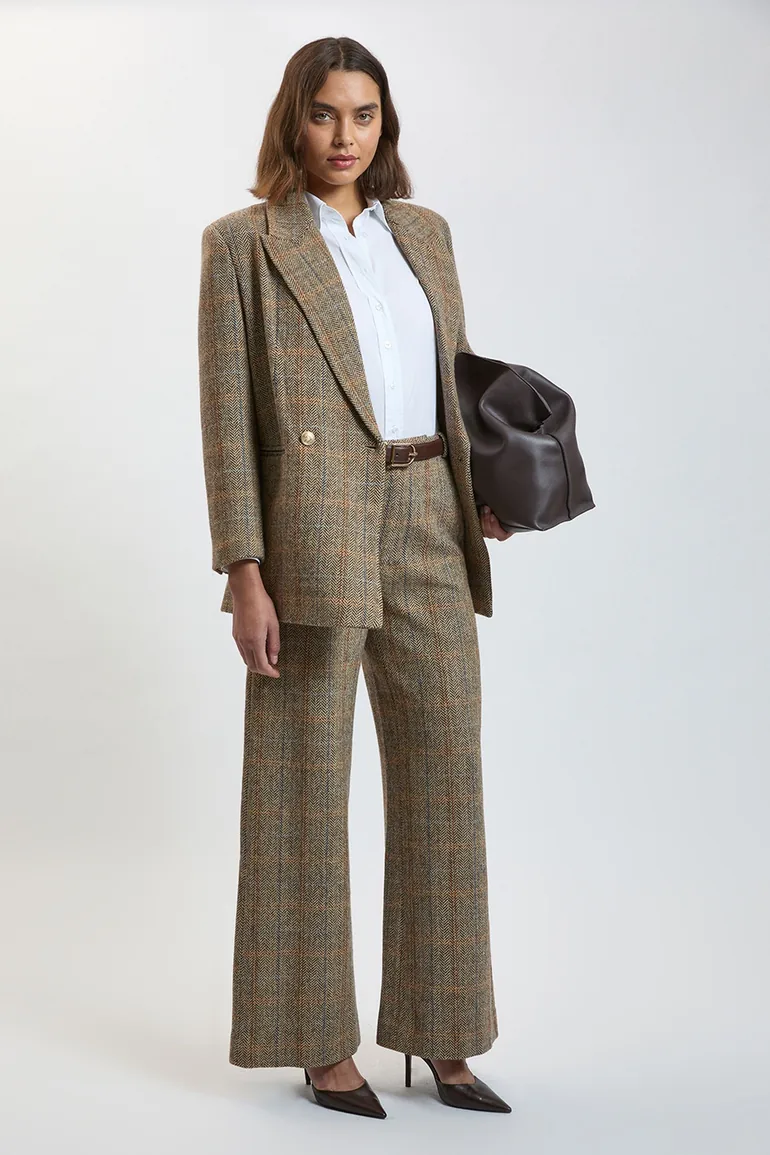 Wool Check Wide Leg Tailored Trouser