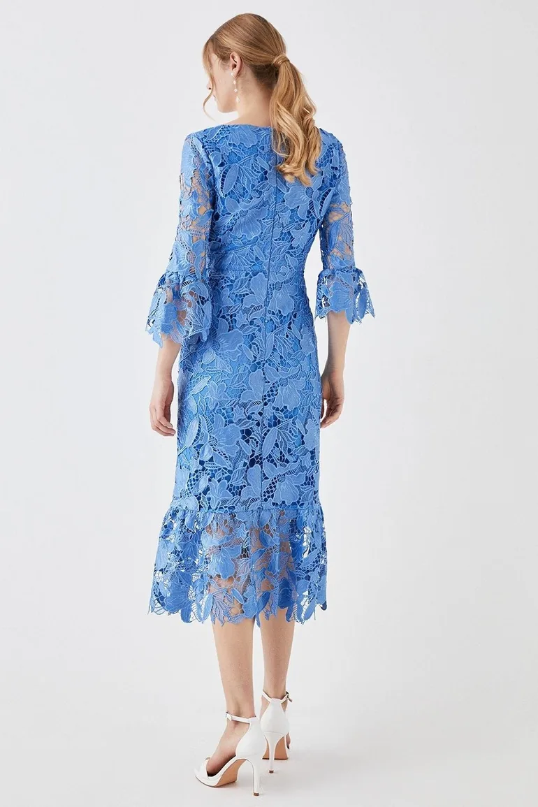 Satin Lace Long Sleeve Midi Dress - 2