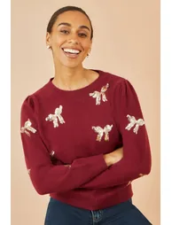 Yumi Burgundy Sequin All Over Applique Bow Knitted Jumper - 3